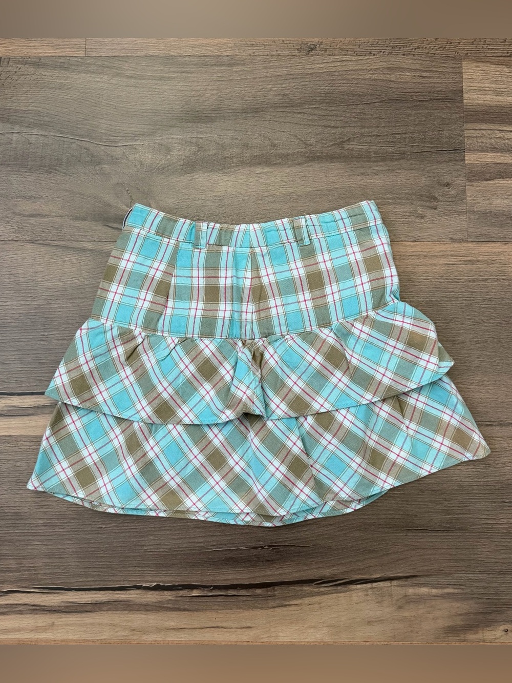 Vintage Y2K '05 GAP Kids Blue & Tan Plaid Tiered Ruffle Skirt Size 8